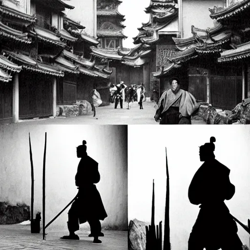 Prompt: feudal samurai, ronin, impressionist style, wandering, city, old china, walking in street, frank miller style,