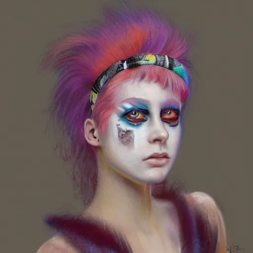 Image similar to clowncore pastel punk young female party goer wearing stylish headband. detailed, portrait, 8 k, artwork by jean - baptiste monge