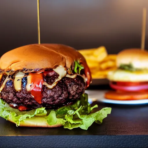 Image similar to tarantula burger, award winning photo, food photography, golden hour, holy