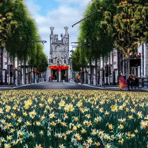 Prompt: haunted holiday in christchurch new zealand tram cashel mall hagley park daffodils high quality 8 k render digital fantasy art beautiful stunning. intricate. ornate. wonderful. utopia.