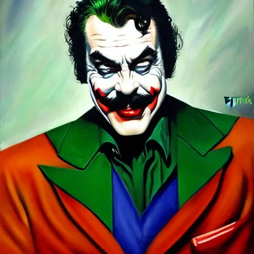 Prompt: ultra realistic portrait painting of tom selleck as the joker, art by frank frazetta, 4 k, ultra realistic, highly detailed, epic lighting
