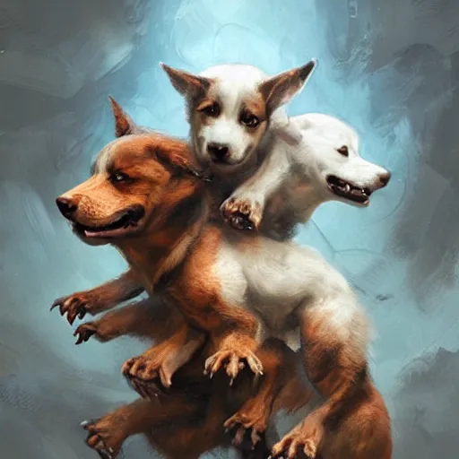 Image similar to cute, adorable, 3 - headed demon dog cerberus, painted by greg rutkowski, wlop