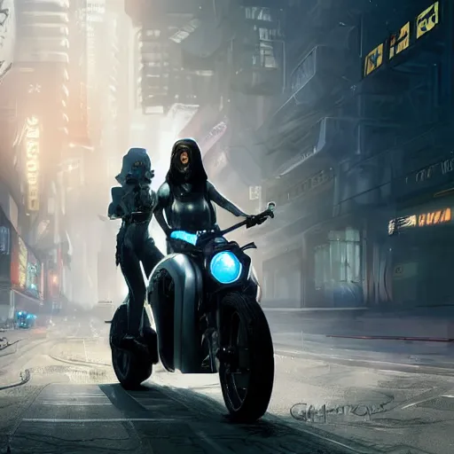 Image similar to ghostpunk woman riding a cyberpunk futuristic motorcycle in the city by eddie mendoza and greg rutkowsi, foggy, dark, moody, volumetric lighting, dirty