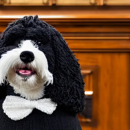 Image similar to a closeup photorealistic photograph of a cute smiling knitted bernedoodle judge dog dressed in a black gown, presiding over the courthouse. indoors, professional capture, well lit shot. this 4 k hd image is trending on artstation, featured on behance, well - rendered, extra crisp, features intricate detail, epic composition and the style of unreal engine.