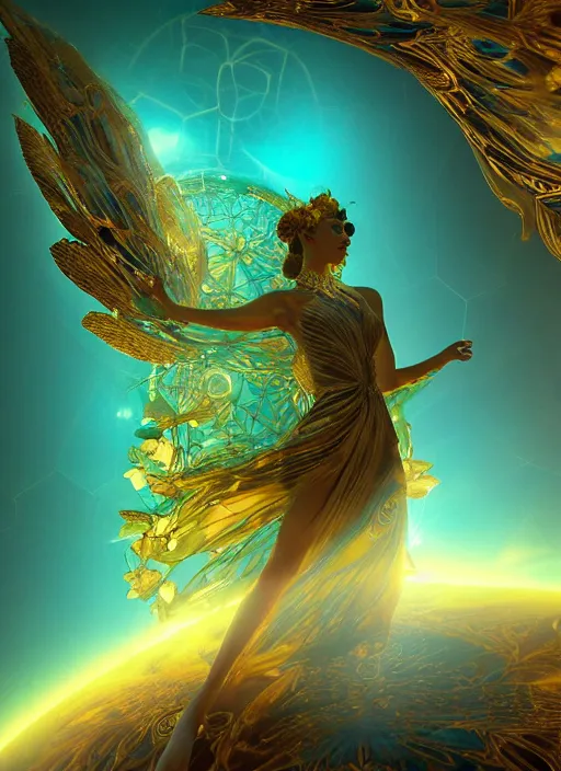 Image similar to flowers within the whole infinite capsule goddess apparent with awe the apparition, an idea seep's into infinity and gives me wings, highly detailed in volumetric latent space, golden turquoise steampunk, high contrast cinematic light, mystical shadows, sharp focus, divine realm of gods, octane render, artist by boris vallejo,