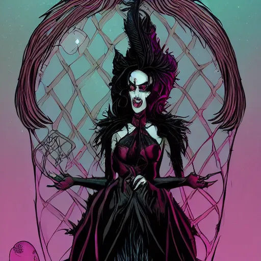 Image similar to Jennifer Connelly as dark fae gothic atompunk evil Disney villain queen with black feather hair, feathers growing out of skin, in front of space station window, Mike mignola, trending on artstation, comic book cover, illustration