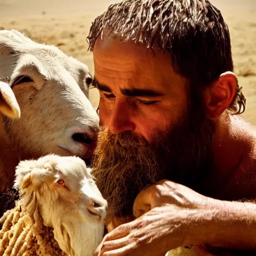 Image similar to cinematic still of depressed man with beard in ancient Canaanite clothing cradling a lamb, sad, anguished, somber, serious, directed by Terrence Malick