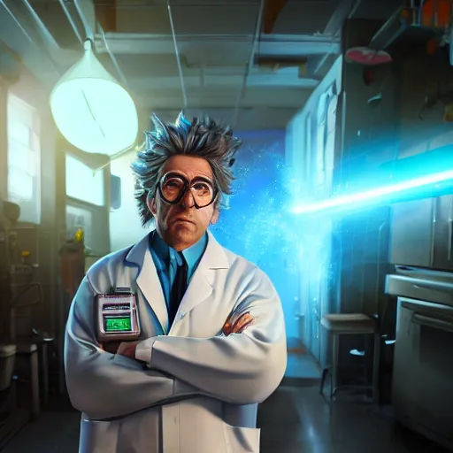 Image similar to portrait of rick sanchez, lab coat, lens flare, atmosphere, glow, detailed, intricate, full of colour, cinematic lighting, trending on artstation, 4 k, hyperrealistic, focused, extreme details, unreal engine 5, cinematic, masterpiece