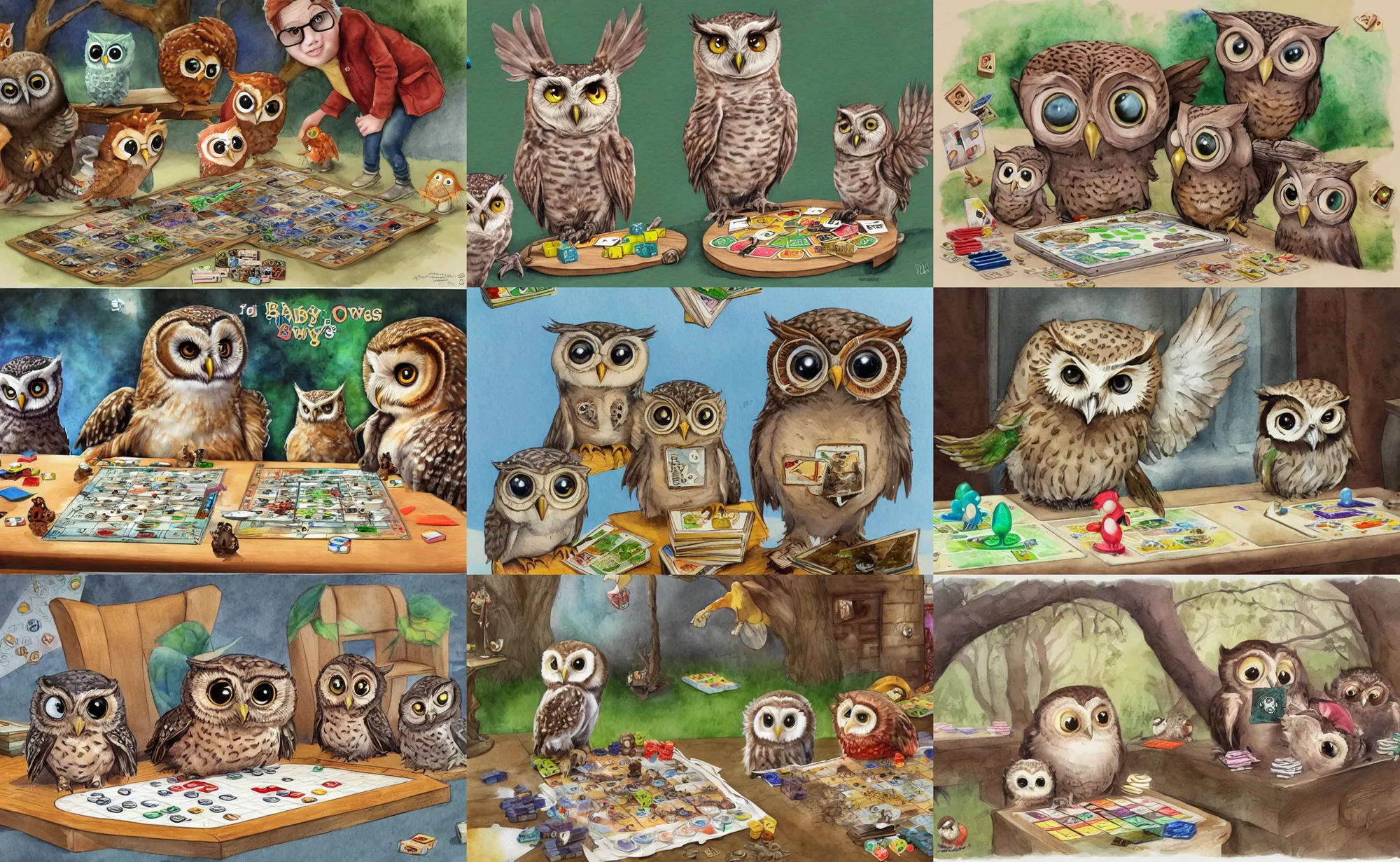 Prompt: baby owls playing board games, children's book watercolor drawing, trending on artstation, highly detailed, concept art, illustration by Tony DiTerlizzi and Dorothy Brook