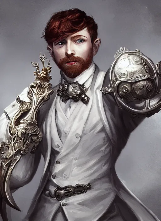 Image similar to a highly detailed illustration of short ginger haired man wearing white suit, dramatic holding ornate mechanical cane pose, intricate, elegant, highly detailed, centered, digital painting, artstation, concept art, smooth, sharp focus, league of legends concept art, WLOP