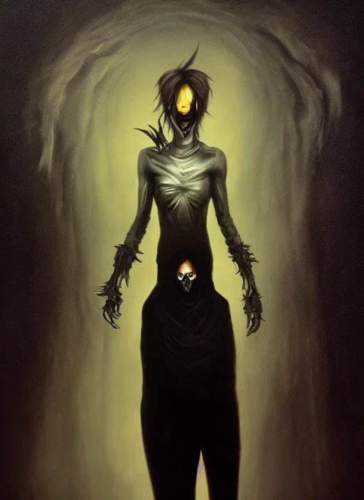 Image similar to dark portrait painting of tracer from overwatch, in style of zdzisław beksinski, scary, horror, overwatch tracer character, dressed in dark garment, black tendrils, tall,