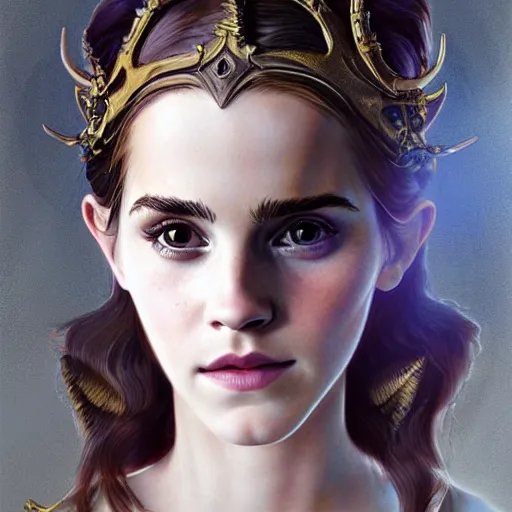 Image similar to A masterpiece ultrarealistic ultradetailed portrait of a Incredibly beautiful Emma Watson as angel princess with Royal Tevton Knight Skull Full Iron Closed Helmet with Big Iron Bull Horns . baroque renaissance girl in the night forest. medium shot, intricate, elegant, highly detailed. trending on artstation, digital art, by Stanley Artgerm Lau, WLOP, Rossdraws, James Jean, Andrei Riabovitchev, Marc Simonetti, Yoshitaka Amano. background by James Jean and Gustav Klimt, light by Julie Bell, 4k, porcelain skin.