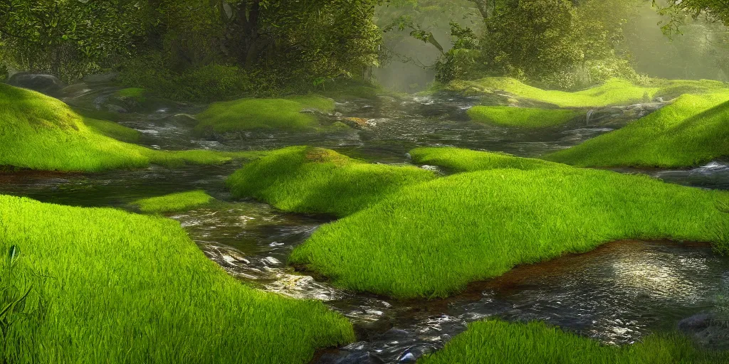 Image similar to a babbling brook on a green field, matte painting, concept art, 4k