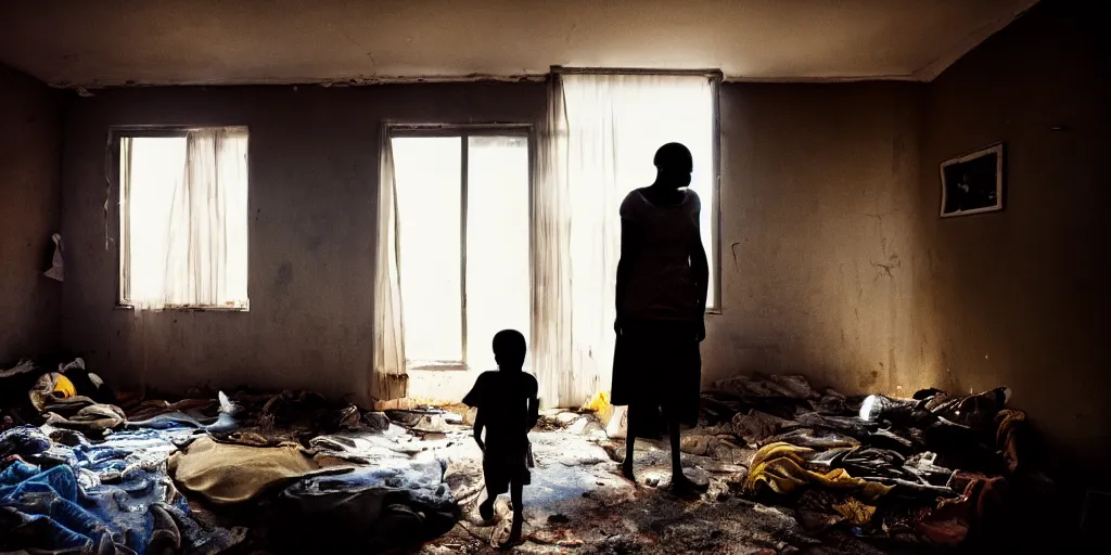 Image similar to interior. home. ( family of 5 ) staying in ( rundown infested apartment ) in ghetto projects with ( black woman and her 4 kids ). cold light, cinematic colors, high detail