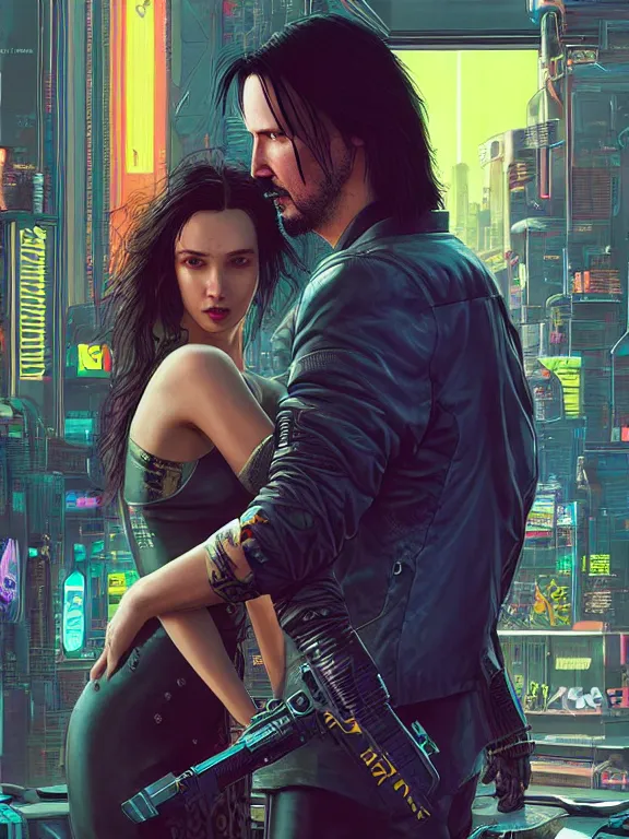 Image similar to a cyberpunk 2077 couple portrait of Keanu Reeves and V ,love story , lots of electric cable behind them connected to giant computer,film lighting,by laurie greasley,Lawrence Alma-Tadema,William Morris,Dan Mumford,trending on atrstation,FAN ART,full of color,Digital painting,highly detailed,8K, octane,golden ratio,cinematic lighting