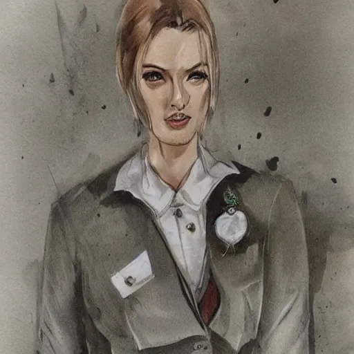 Image similar to female lawyer, business suit, brown neat hair, pixiv, fanbox, trending on artstation, digital painting, portrait, defense attorney, modern, sleek, highly detailed, formal, serious, determined, competent, colorized