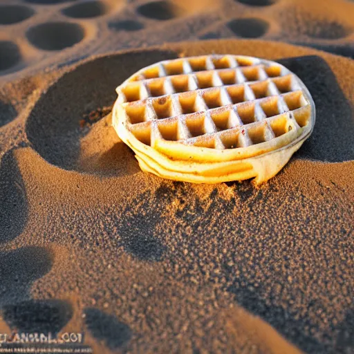 Prompt: an eggo waffle in the sand on the beach in san diego. sigma 5 5 mm. a bit of sand on the waffle. beautiful lighting