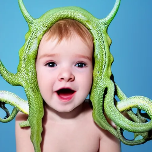 Image similar to beauty photograph of an adorable baby faced alien with tentacles on the sides of it's mouth, blue, tiny horns