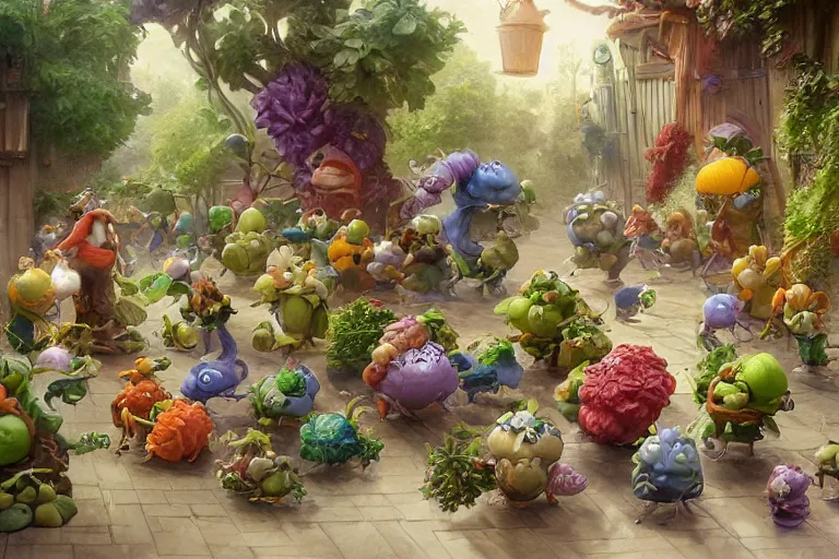 Image similar to miniature vegetable creatures parade. the floor is a cutting board. a kitchen in the background. digital art, realistic, pixar style, highly detailed, cinematic, matte painting, vivid colors, realistic, epic, low angle, lighting, by greg rutkowski and artgerm and alphonse mucha