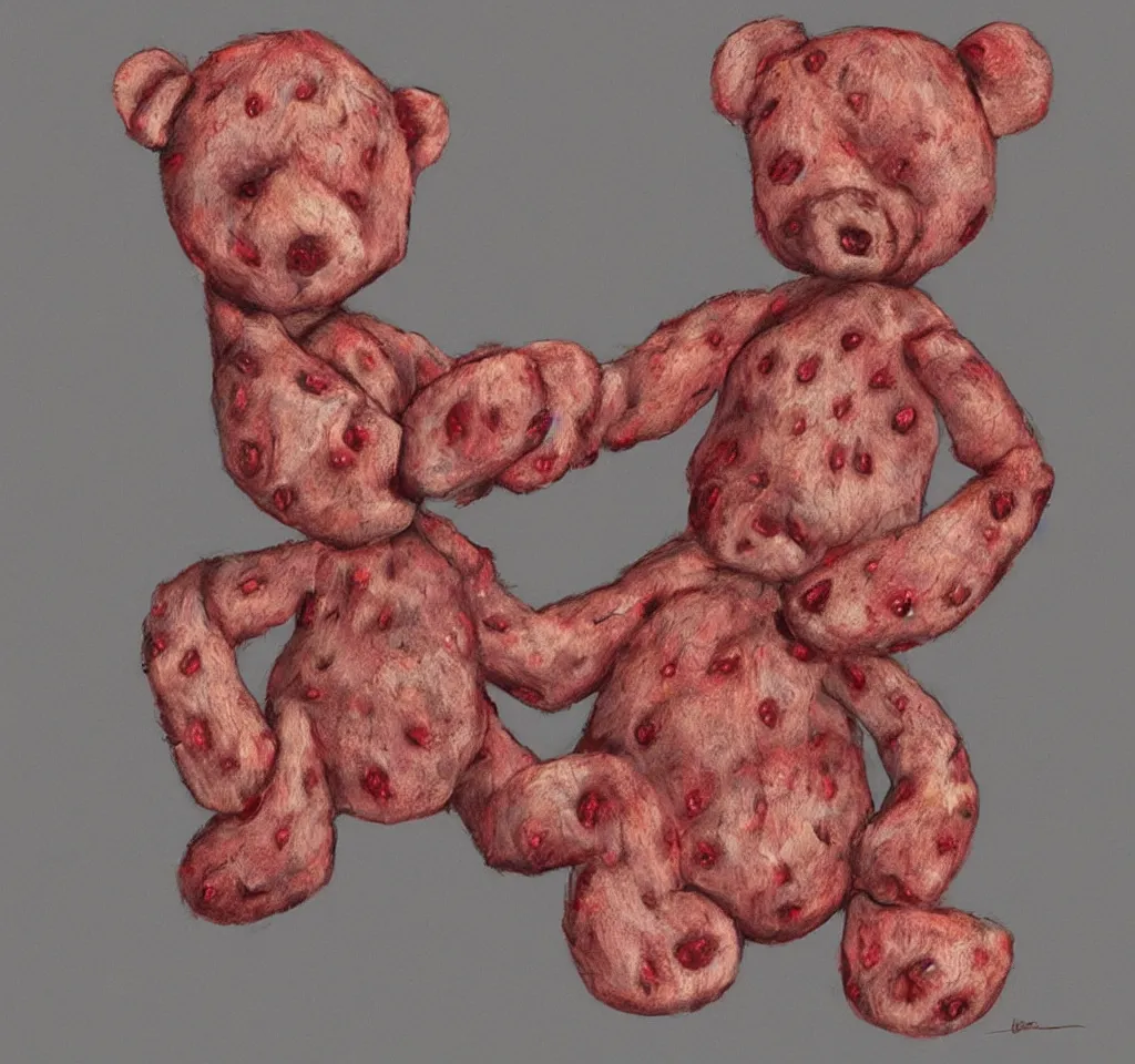 Image similar to digital art hyper realism body horror studio lighting strawberry teddy bear