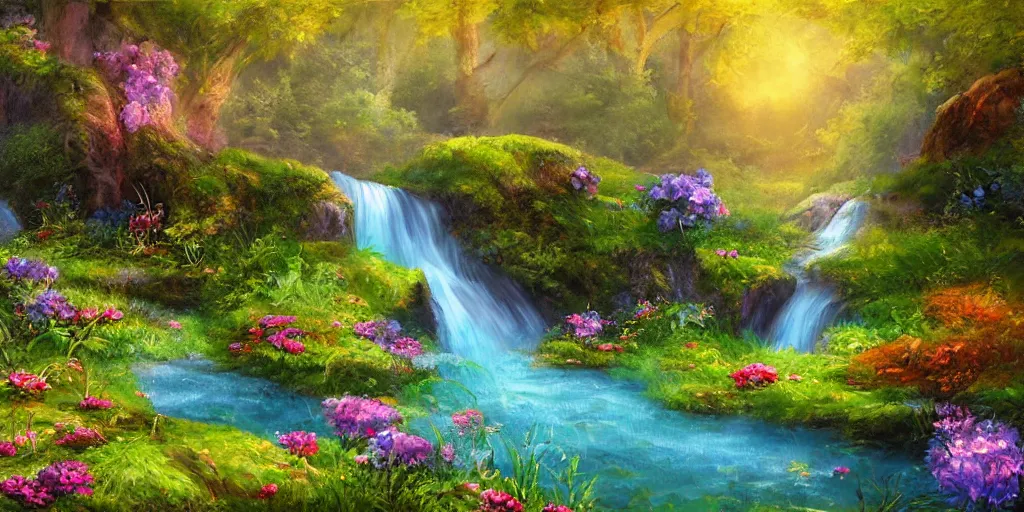 Prompt: a fantasy meadow landscape with waterfall, lake, river, and patches of blue flower, digital art, painterly, oil painting, matte