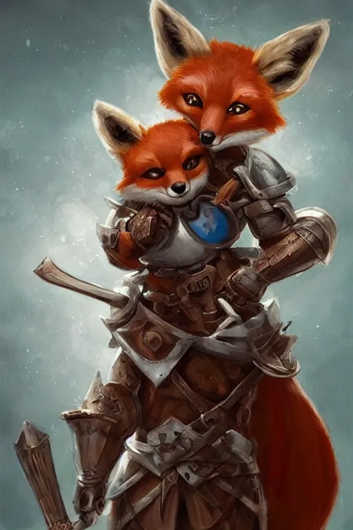 Image similar to cute little anthropomorphic foxy knight wearing a cape and a crown, tiny, small, miniature fox, baby animal, short, pale blue armor, cute and adorable, pretty, beautiful, DnD character art portrait, matte fantasy painting, DeviantArt Artstation, by Jason Felix by Steve Argyle by Tyler Jacobson by Peter Mohrbacher, cinematic lighting