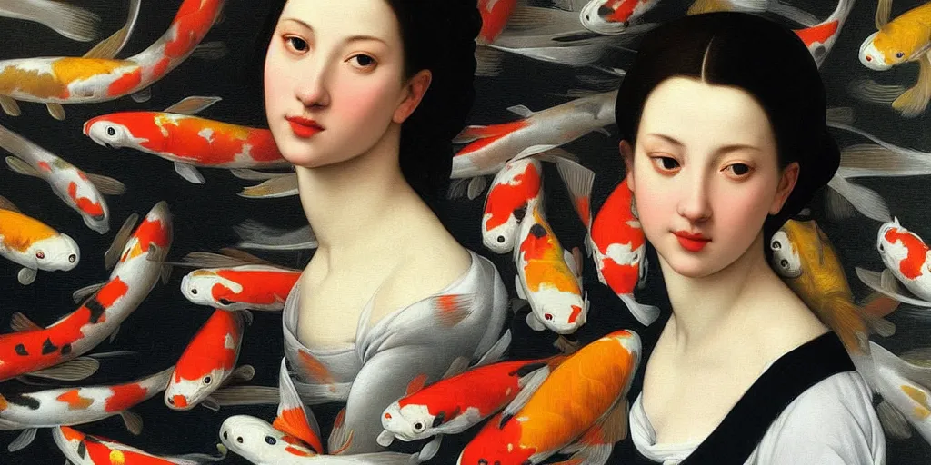 Image similar to beautiful oil matte portrait painting, woman surrounded by multiple koi fishes, wonderful masterpiece highly detailed, beautiful cinematic light deep focus, elegant, digital painting, smooth, sharp focus, golden ratio, dramatic illumination, ultra realistic, 8 k, art by artemisia lomi gentileschi and caravaggio