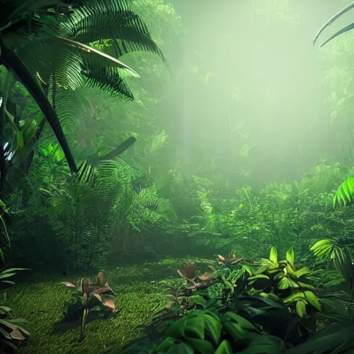 Image similar to « dark jungle, group of persons exploring with lamps, far view, unreal engine 5, photorealistic »