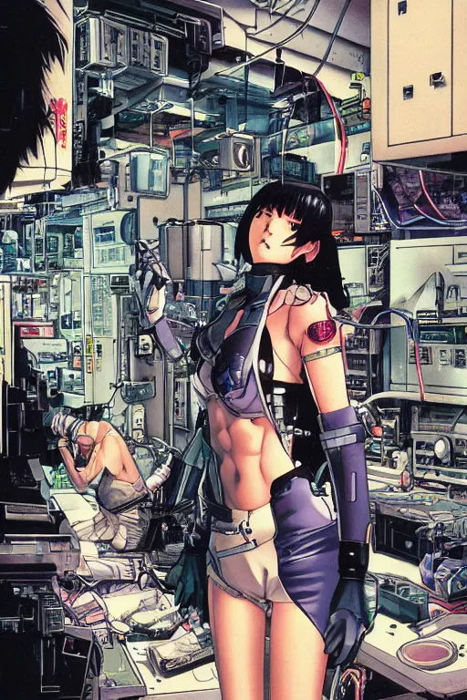 Prompt: hyperdetailed cyberpunk anime illustration of motoko kusanagi in lab getting repaired, by masamune shirow and katsuhiro otomo