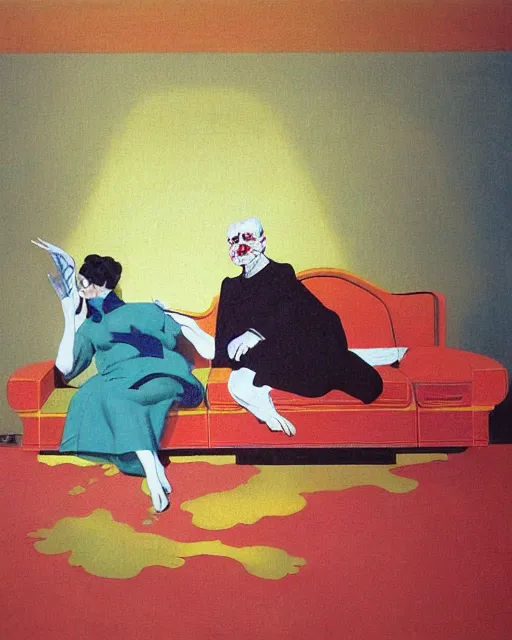 Prompt: old dead couple sitting on a couch and a person inside a large aquarium with clouds at red and yellow art deco interior room in the style of Francis Bacon and Syd Mead, open ceiling, highly detailed, painted by Francis Bacon and Edward Hopper, painted by James Gilleard, surrealism, airbrush, very coherent, triadic color scheme, art by Takato Yamamoto and James Jean