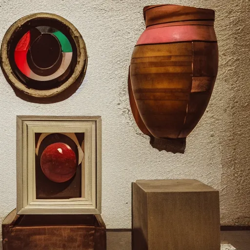 Prompt: An offset photography of an object on display, three colors, anthropology of wonder, (exotic artifacts), bauhaus, colonial expedition, exhibition, 60s style
