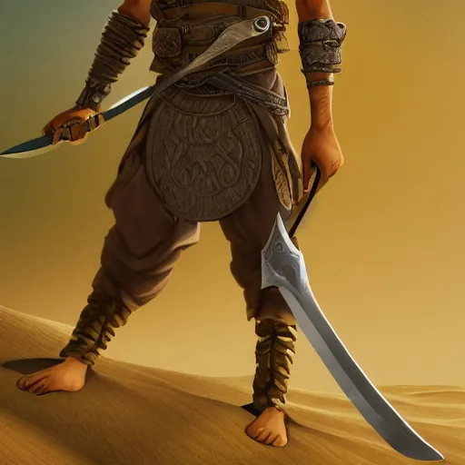 Image similar to a detailed illustration of a boy in the desert holding a sword, fantasy art illustration, incredibly highly detailed and realistic, 8 k, sharp focus