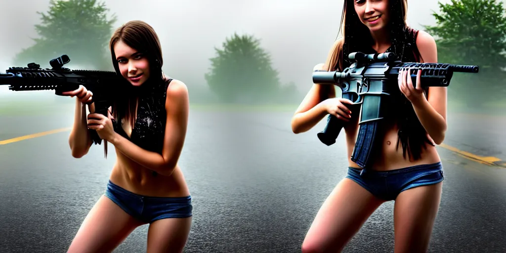 Image similar to hyperrealistic photo of a hot wet girl in the rain holding an ar - 1 5, 8 k