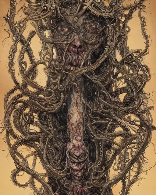 Image similar to centered horrific detailed side view profile portrait of a insane, crazed, mad zombie woman, ornate tentacles growing around, ornamentation, thorns, vines, tentacles, elegant, beautifully soft lit, full frame, by wayne barlowe, peter mohrbacher, kelly mckernan, h r giger