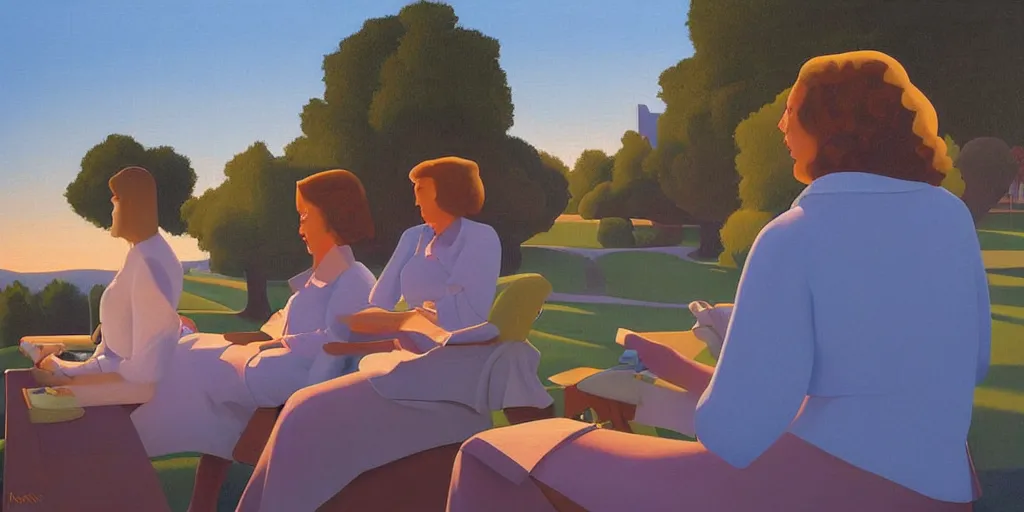 Image similar to knitting grandma, blue sky, summer evening, kenton nelson