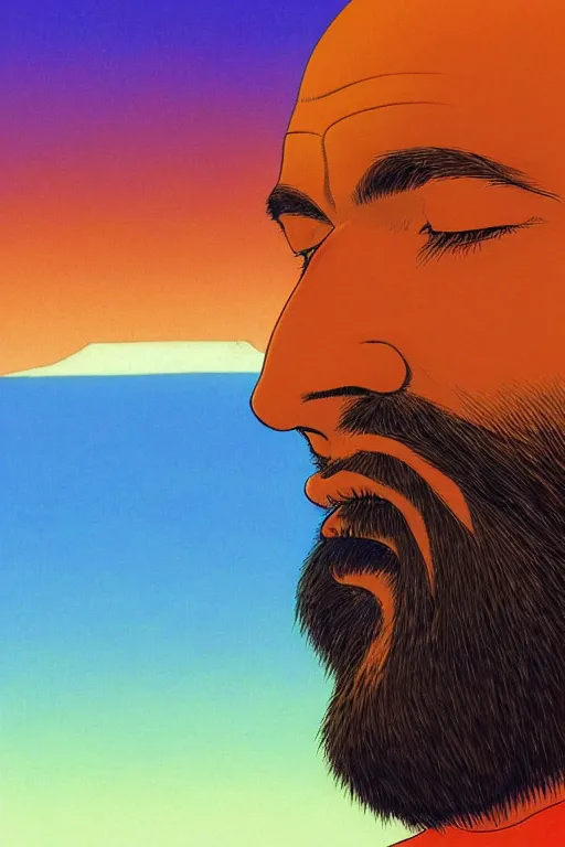 Image similar to a colorful closeup portrait of a young bald man with a very long wild beard dreaming psychedelic hallucinations in the vast icy landscape of antarctica, by kawase hasui, moebius and edward hopper, colorful flat surreal design, hd, 8 k, artstation