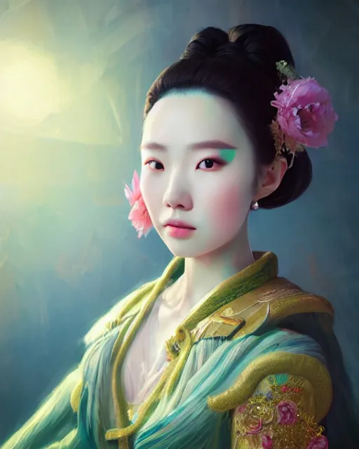 Prompt: portrait painting of twenty - eight - year - old young woman, like su qing makeup and wearing song dynasty dress by wenjun lin, irakli nadar, bright colors, octopath traveler, wenjun lin, unreal engine 5 highly rendered, global illumination, radiant light, detailed and intricate environment
