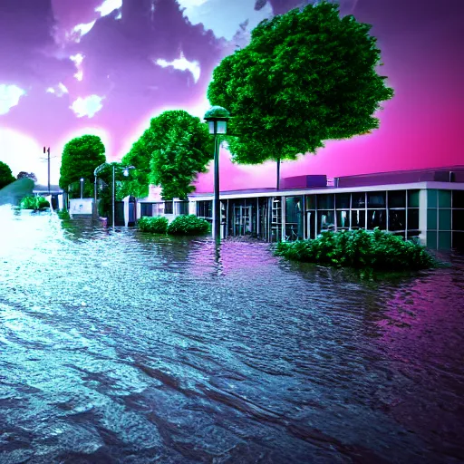 Image similar to 80s vaporwave outrun 3d Render of a german town being flooded, retro, grainy, noisy