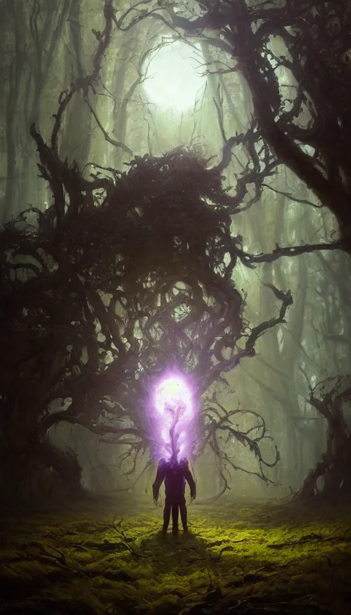 Image similar to Hyper realistic oil painting of a future sci-fi ancient god on the middle of a purple forest holding a portal that's about to explode, fog, volumetric lighting, nighttime, moonlight, by Greg Rutkowski and Diego Velázquez