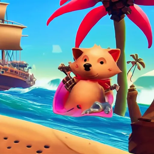 Prompt: hedgehog in a bikini in sea of thieves, hedgehog wearing a bikini, cute, colourful, happy, adorable, funny