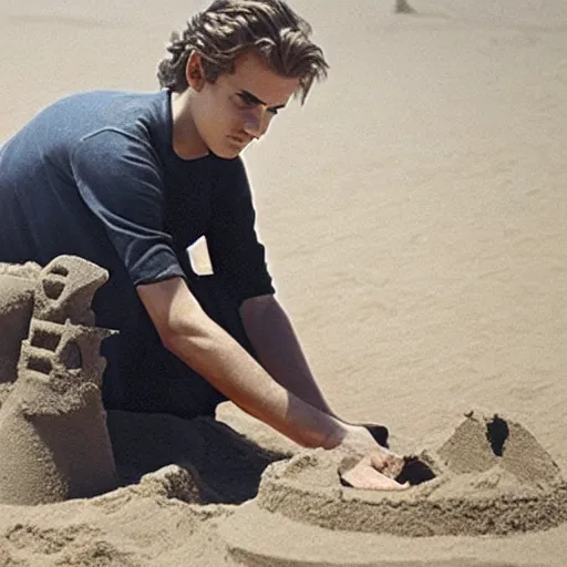 Prompt: Picture of hayden christensen as Anakin Skywalker building a sand castle on Tatooine, award-winning