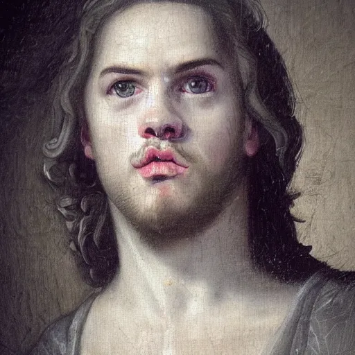 Image similar to A 17th century Baroque Painting of Maxmoefoe, grainy, realistic, hyperrealistic, very realistic, very very realistic, highly detailed, very detailed, extremely detailed, detailed, digital art, trending on artstation, detailed face, very detailed face, very detailed face, realism, HD Quality, 8k resolution, intricate details, body and head in frame, painting, oil painting, trending on deviantart, Baroque Painting