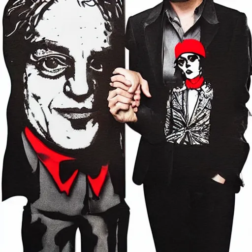 Image similar to mimmo rottela and banksy as joaquin phoenix skinny joker holding hand lady gaga harley queen, photorealistic, intricate details, pop art style, baroque, hyperdetailed