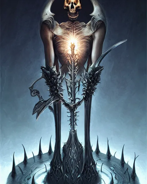 Image similar to The last enemy that shall be destroyed is death, full body image, artwork by artgerm, Luminism, Behance HD, medievil spear, broad sword, D&D, extraordinary phenomenon, fantasy, intricately detailed, elegant, digital painting, smooth, sharp focus, art by Greg Rutkowski, art by Ruth Asawa, art by Tim Burton, art by Ted Nasmith, art by H.R. Giger