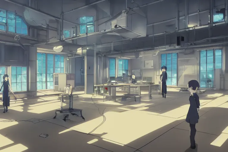 Image similar to an empty science research laboratory, detailed,, p. a. works, ufotable, mappa, toei animation, trending on artstation pixiv, background, wallpaper, visual novel, in the style of makoto shinkai