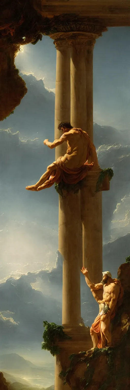 Image similar to a sublime and awe-inspiring Thomas Cole style matte painting of Zeus contemplating humanity's predicament atop an enormous Greco-Roman column while the sun sets upon Mount Olympus in the distance