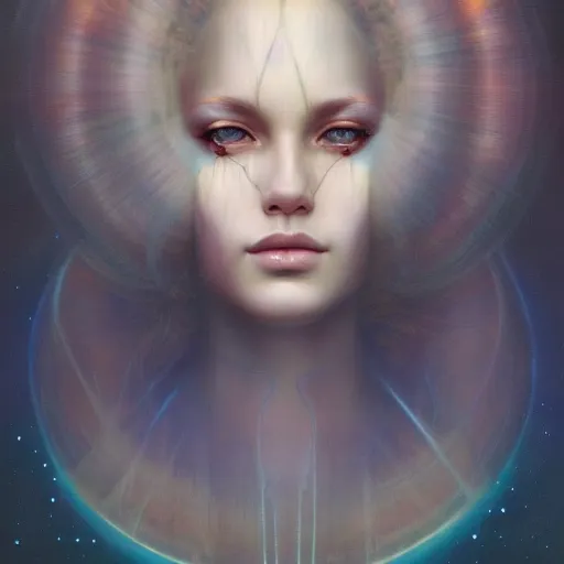 Image similar to a beautiful portrait of a cosmic goddess by Jim Burns and Tom Bagshaw, Trending on Artstation, nebula background