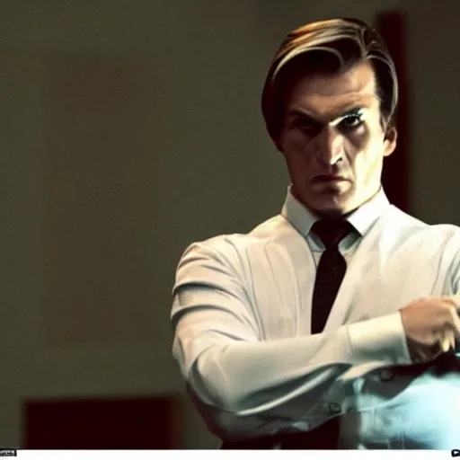 Image similar to Viktor Yushchenko as The American Psycho, cinematic still