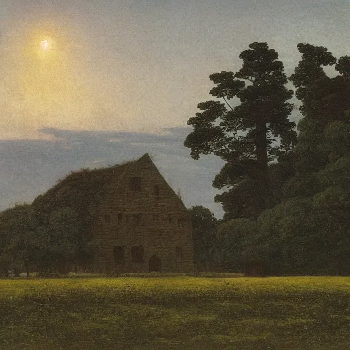 Image similar to a building in a serene landscape, by caspar david friedrich