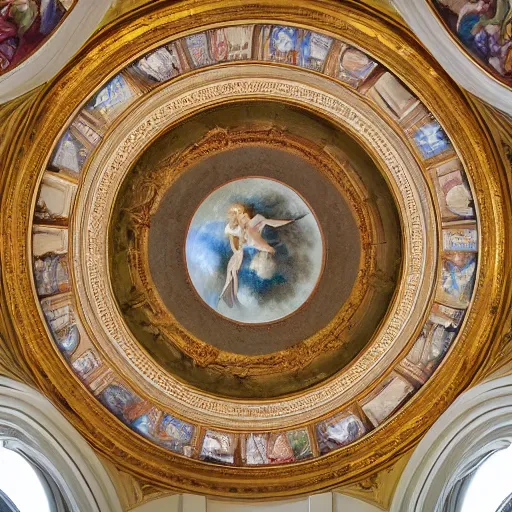 Image similar to photo of an ornated circular ceiling, full of paintings of angels, centered symmetrical highly detailed